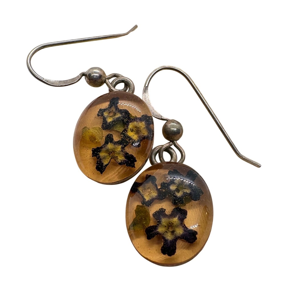 Jule Vintage Sterling Silver 925 Pressed Flower Resin Drop Earrings Botanical